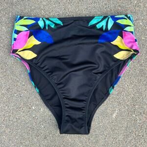 Victoria’ Secret PINK High Waist Swim Bikini Bottom Neon Tropical Leaves Black M